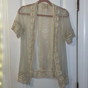 Sheer Cream Crochet Mesh Lacey Kimono Short Sleeve open cardigan topper